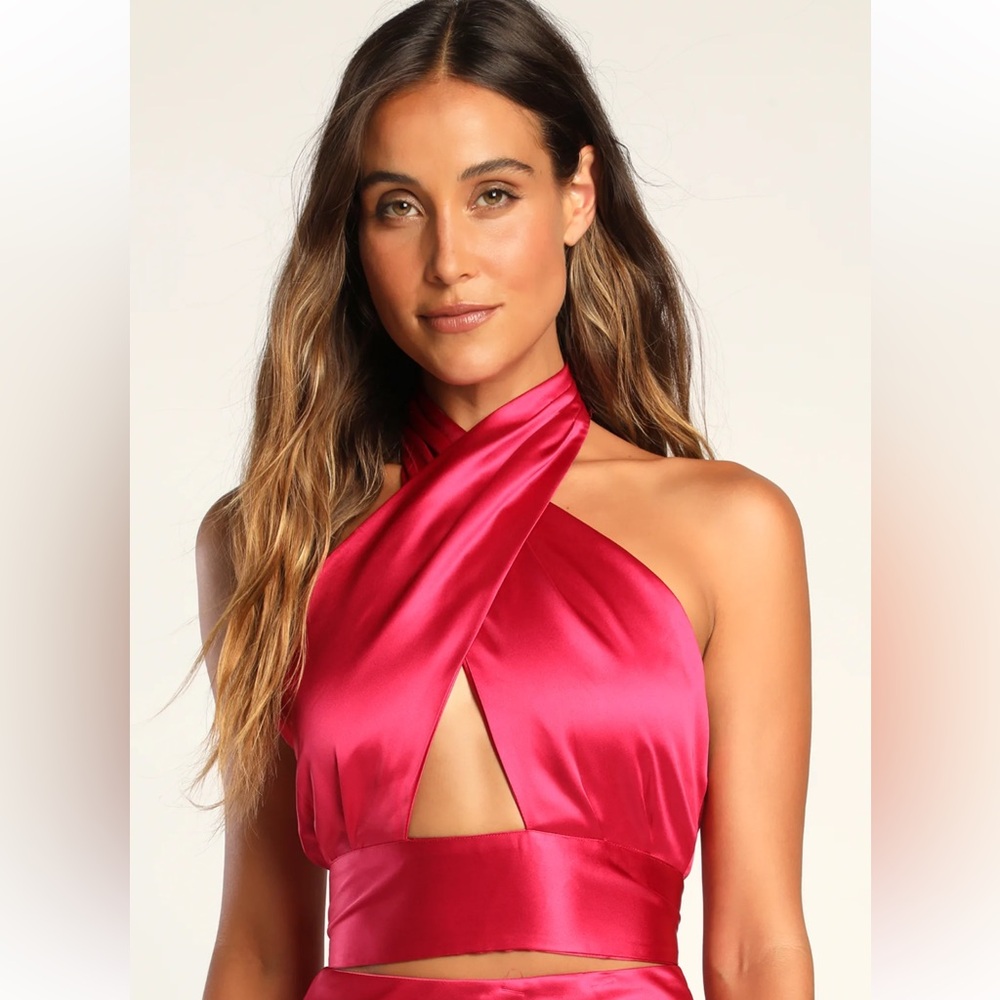 Lulus Truly Stunning Magenta Satin Halter Top